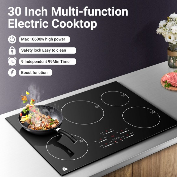 Electric Cooktop 30 Inch, Sunmaki 5 Burners Built-in Electric Stove Top, Max 10600w high power Ceramic Glass Countertop with Touch Control