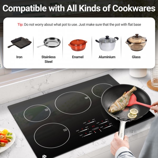 Electric Cooktop 30 Inch, Sunmaki 5 Burners Built-in Electric Stove Top, Max 10600w high power Ceramic Glass Countertop with Touch Control