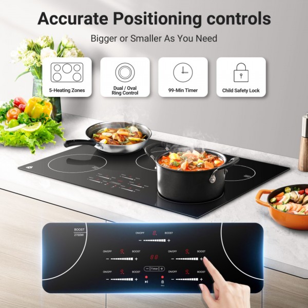 Electric Cooktop 30 Inch, Sunmaki 5 Burners Built-in Electric Stove Top, Max 10600w high power Ceramic Glass Countertop with Touch Control